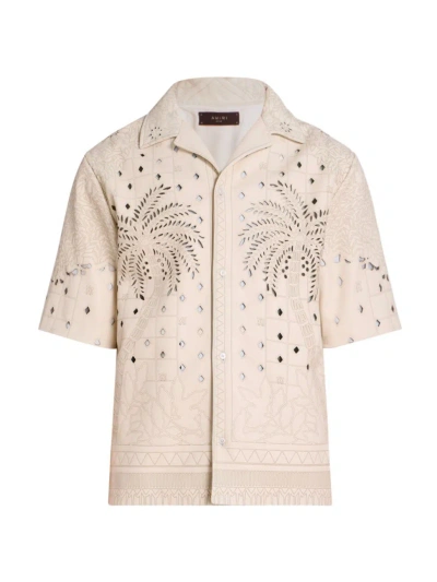 Amiri Men's Palm Tree Leather Short-sleeve Shirt In Birch