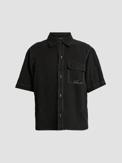 Amiri Script Garment Dyed Short Sleeve Linen Blend Button-up Shirt In Black