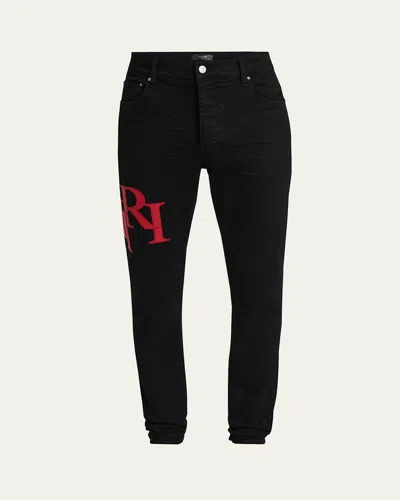 Amiri Men's Staggered Leather Logo Skinny Jeans In Black