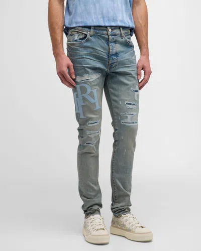 Amiri Men's Staggered Logo Skinny Jeans In Clay Indigo