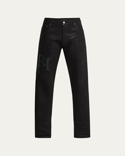 AMIRI MEN'S STAGGERED LOGO WAXED SKINNY JEANS