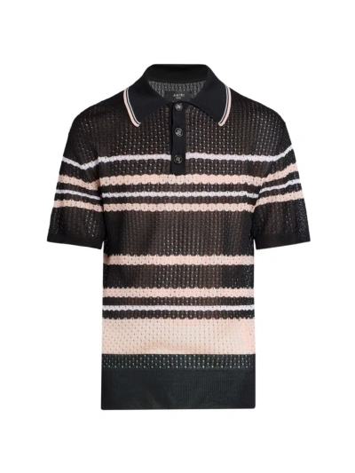 Amiri Men's Striped Open-knit Short-sleeve Polo Shirt In Schwarz