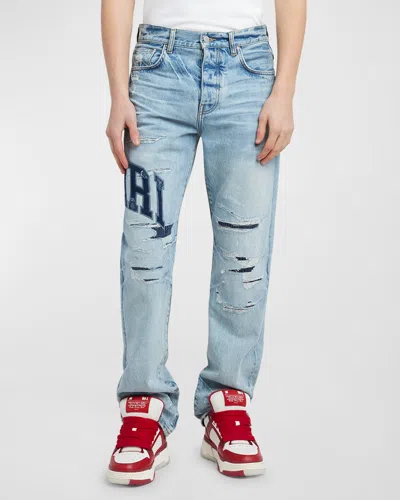 Amiri Men's Varsity Logo Repair Straight-leg Jeans In Perfect Indigo
