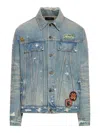 Amiri Vintage Pegasus Embellished Distressed Paint-splattered Denim Trucker Jacket In Blue