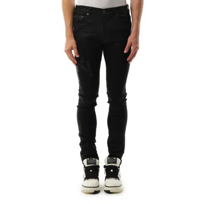 Amiri Men's Waxed Staggered Logo Skinny Jeans In Black Wax