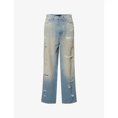 Amiri Mens Blue Bones-studded Baggy-fit Denim Jeans