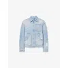 Amiri Mens Faded Indigo Embroidered-logo Distressed Denim Jacket In Blue
