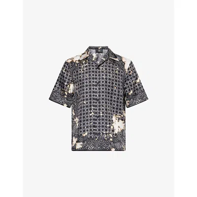 Amiri Mens Black Graphic-print Bleached Silk Bowling Shirt