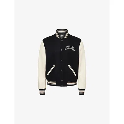 Amiri Mens Hollywood Embroidered-text Wool-leather Blend Bomber Jacket Black Xl
