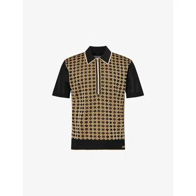 Amiri Mens Black Quad Zip Monogram Knitted Polo Shirt In Brown