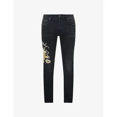 Amiri Mens Dusk Black Dragon Repair Tapered-leg Stretch-denim Blend Jeans