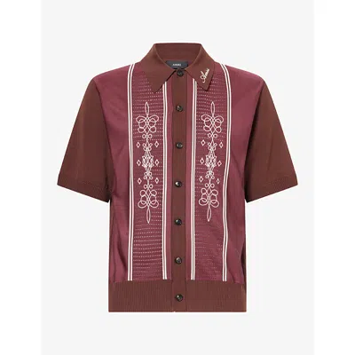 Amiri Mens Embroidered Panelled Wool-blend Knit Shirt Brick In Red