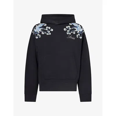 Amiri Mens Floral-embroidered Cotton Hoody Black