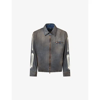 Amiri Mens Lea Bones Denim Jacket Dark Dust In Gray