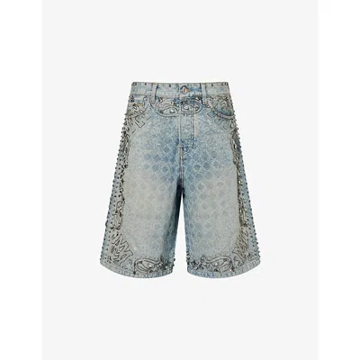 Amiri Mens Medium Indigo Graphic-pattern Embellished Denim Shorts In Purple
