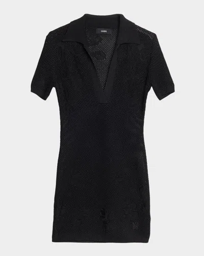 Amiri Metallic Floral Crochet Short-sleeve Mini Polo Dress In Black