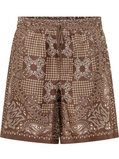 Amiri Mini Check Silk Shorts In Tobacco