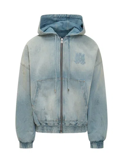 Amiri Mini Zip Hoodie With Kangaroo Pockets In Perfect Antique Indigo