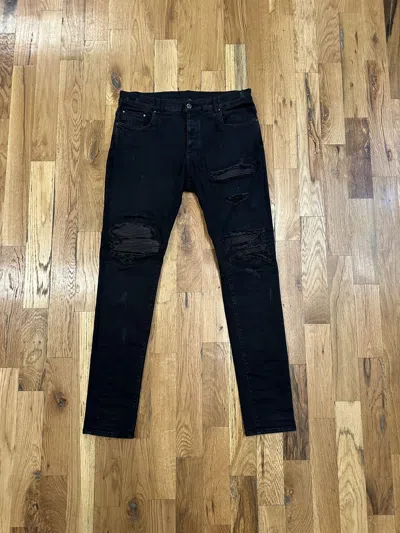 Pre-owned Amiri Mx1 Black Leather Patch Black Denim Jeans Size 36