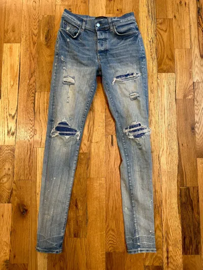 Pre-owned Amiri Mx1 Blue Paisley Leather Patch Blue Denim Jeans Size 31