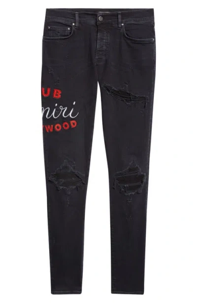 AMIRI MX1 CRYSTAL EMBELLISHED CLUB AMIRI APPLIQUÉ RIP & REPAIR SKINNY JEANS