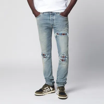 Amiri Mx1 Distressed Flannel-patched Jeans In Medium Indigo In Animal Print