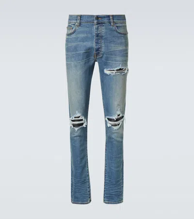 Amiri Mx1' Ribbed Leather Knee Patch Ripped Washed Skinny Jeans In Clayindigo