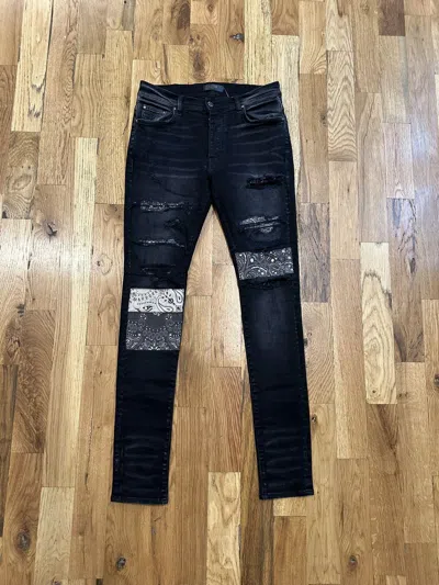 Pre-owned Amiri Mx1 Grey Paisley Patches Black Denim Jeans Size 32