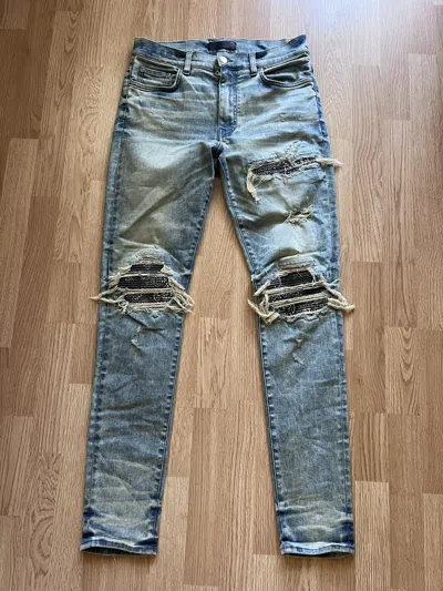 Pre-owned Amiri Mx1 Jeans Dirty Indigo With Black Bandana Patches In Blue