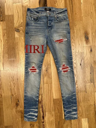 Pre-owned Amiri Mx1 Red Suede Spell Blue Denim Jeans Size 30