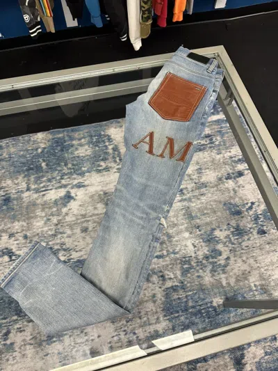 Pre-owned Amiri Mx1 Tan Leather ‘' Script Tan Pocket Indigo Denim In Sand
