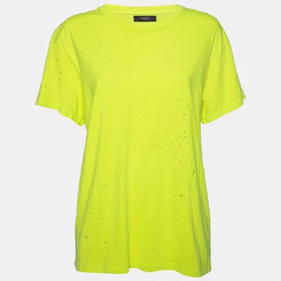 Pre-owned Amiri Neon Green Cotton Distressed Finish Crew Neck Short Sleeve Top S
