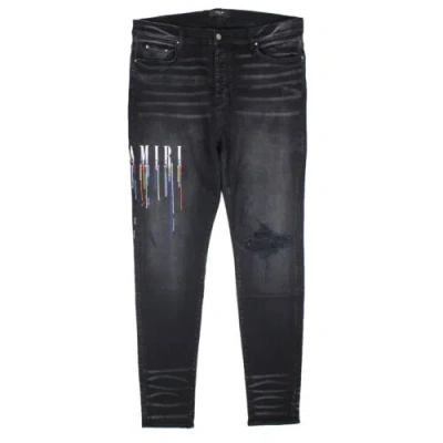 Pre-owned Amiri Paint Drip Logo Jean Aged Black Straight-fit Jeans Size 38 $1290
