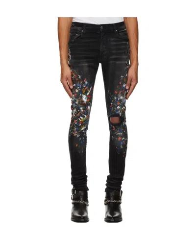 Amiri Paint Print Distressed Skinny Jeans In Black