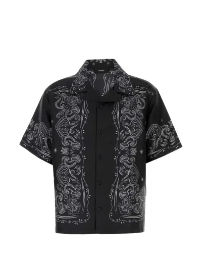Amiri Men Black Shirt With Cuban Collar And All-over Bandana Print In Silk Man In Multi