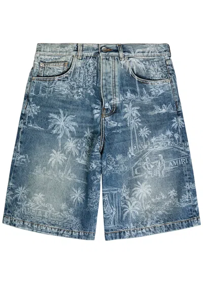 Amiri Palm Printed Denim Shorts In Blue