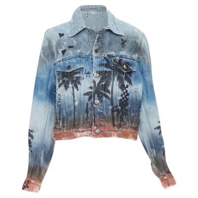 Pre-owned Amiri Palm Tree Sunset Airbrush Distressed Denim Jacket In Blue