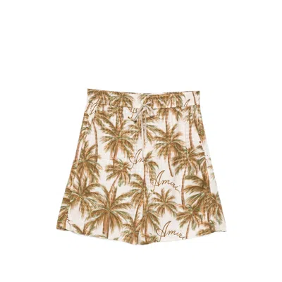 Amiri Palm-print Linen Shorts In Neutral