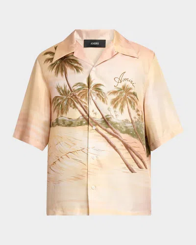 Amiri Palms Printed Silk Camp Shirt In Brown