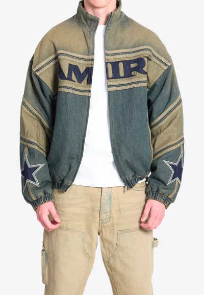 Amiri Paneled Denim Bomber Jacket In Green