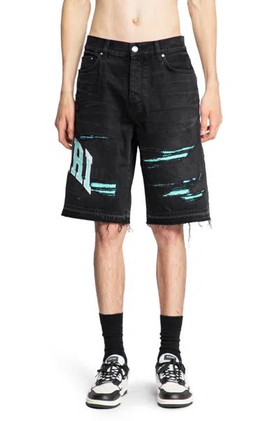 Amiri Black Embroidered Varsity Logo Repair Denim Shorts
