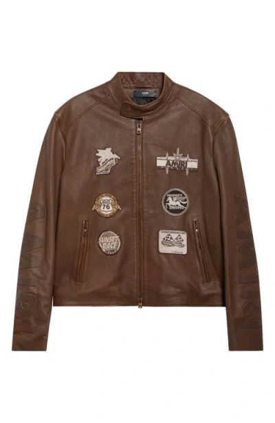 Amiri Patch Racer Leather Jacket In Brown