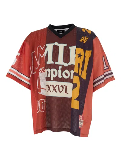 Amiri Men Red T-shirt With Maxi Graphic Print And V Neck In Tech Fabric Man In Multi