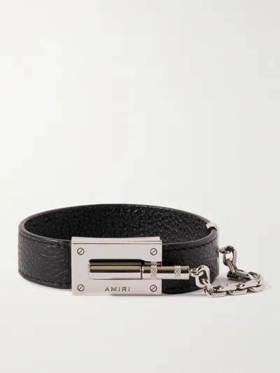 Pre-owned Amiri Pebbled Leather Silver Jax Bracelet Size L New In Black
