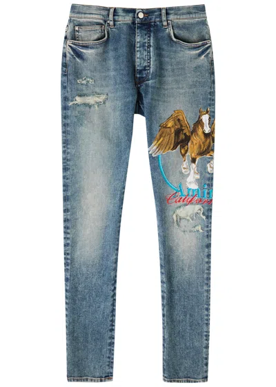 Amiri Pegasus Distressed Skinny Jeans In Indigo