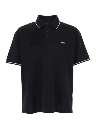 AMIRI BLACK POLO SHIRT WITH CLASSIC COLLAR AND LOGO LETTERING EMBROIDERY ON THE FRONT