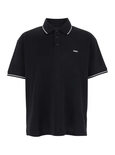 AMIRI BLACK POLO SHIRT WITH CLASSIC COLLAR AND LOGO LETTERING EMBROIDERY ON THE FRONT IN COTTON MAN