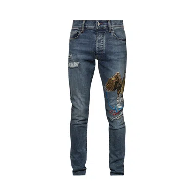 Pre-owned Amiri Printed And Embroidered Pegasus Skinny Jean 'true Indigo' | Blue | Men's Size 33