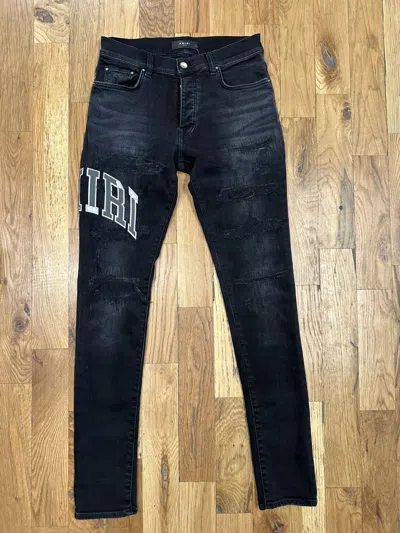 Pre-owned Amiri Repaired Varsity Logo Black Denim Jeans Size 29