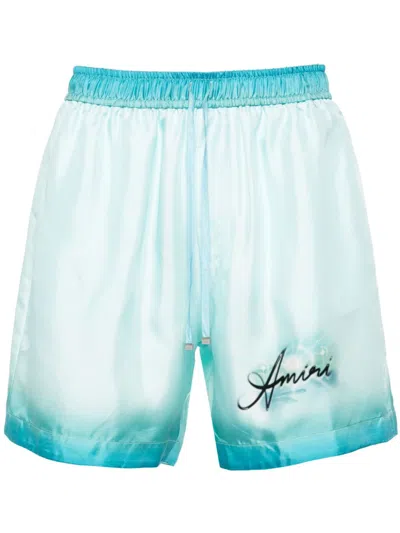 Amiri Light Blue Printed Silk-satin Shorts
